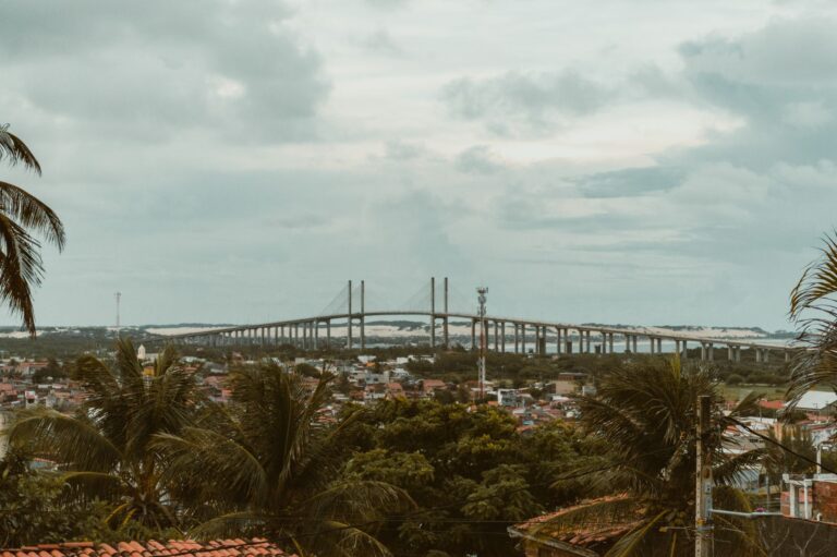 Scenic view of Newton Navarro Bridge over Natal cityscape with cloudy sky and lush greenery.