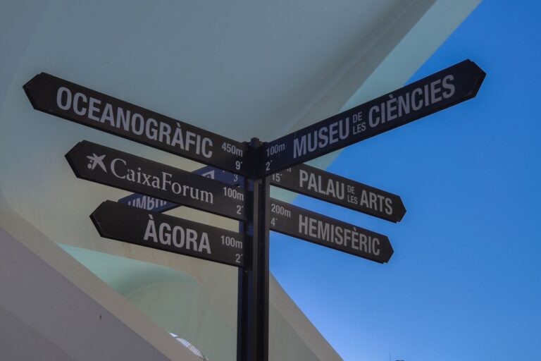 Signpost at City of Arts and Sciences, Valencia highlights nearby attractions.