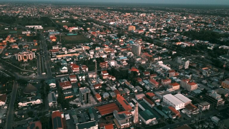an aerial view of a city with lots of buildings